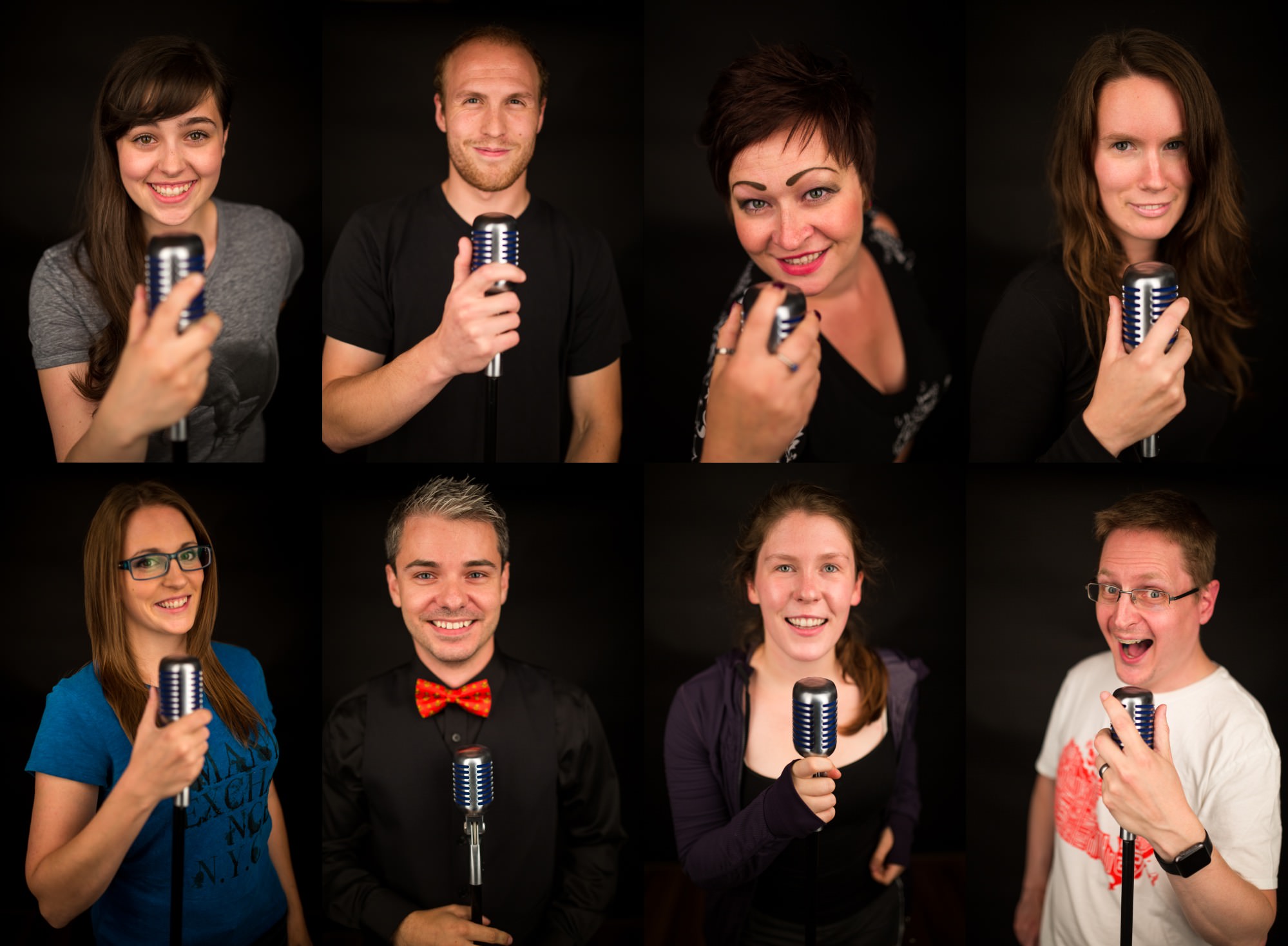 Eight vapsquad performers with microphones in the original cast montage.